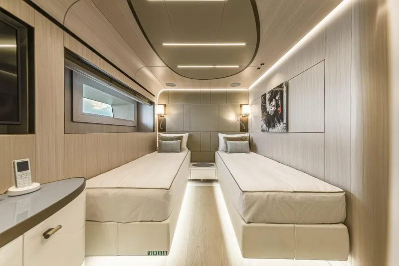 Eiv Yacht Photos Pics Luxurious Rossinavi Custom 2020 yacht cabin with twin beds and modern lighting.