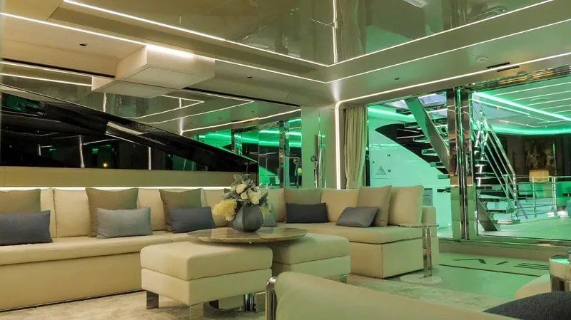 Eiv Yacht Photos Pics Luxurious interior of 2020 Rossinavi Custom yacht with modern seating and ambient lighting.