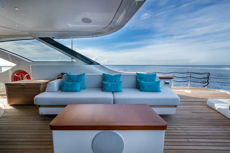 King's Lair Yacht Photos Pics Luxurious Benetti 34M OASIS yacht deck with ocean view, 2023 model.