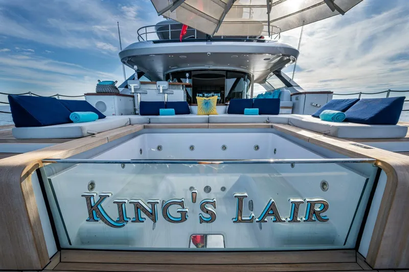 King's Lair Yacht Photos Pics Luxurious 2023 Benetti 34M OASIS yacht with elegant deck and "King's Lair" jacuzzi.