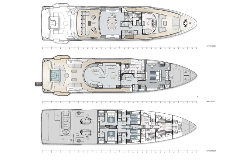 King's Lair Yacht Photos Pics Deck plans of 2023 Benetti 34M OASIS yacht, showcasing upper, main, and lower levels.