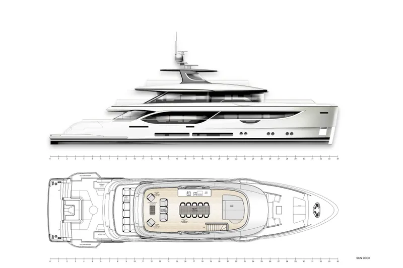 King's Lair Yacht Photos Pics Side and top view of 2023 Benetti 34M OASIS yacht design.