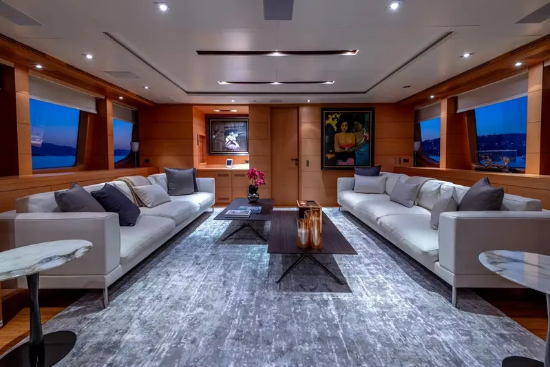Lady H Yacht Photos Pics Luxurious interior of 2011 Benetti Majesty 120 yacht with elegant sofas and modern decor.