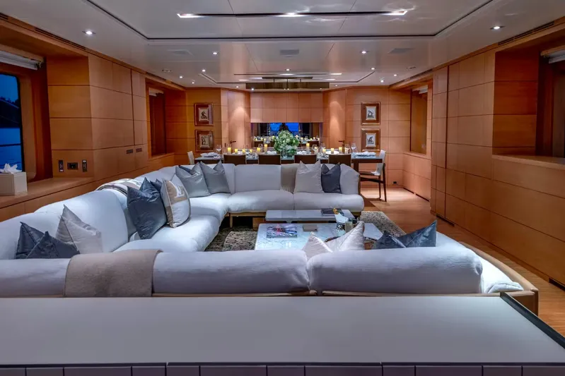 Lady H Yacht Photos Pics Luxurious interior of 2011 Benetti Majesty 120 yacht with elegant seating and dining area.