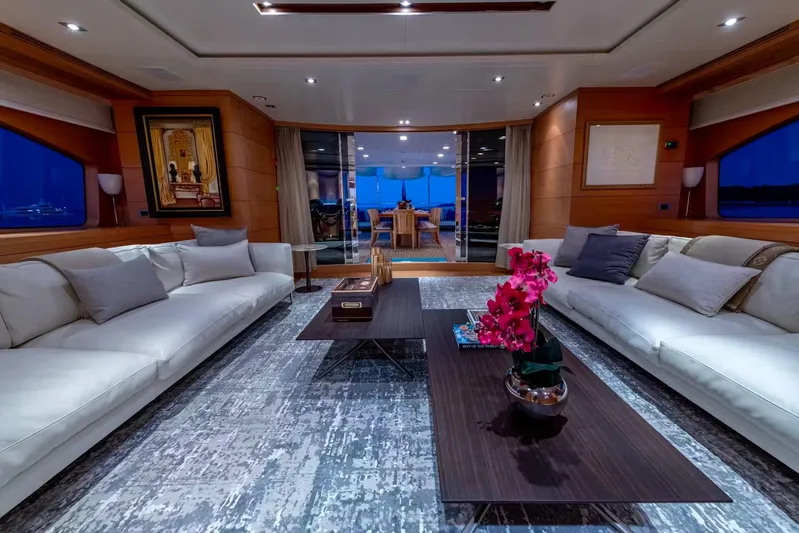 Lady H Yacht Photos Pics Luxurious interior of 2011 Benetti Majesty 120 yacht with elegant seating and decor.