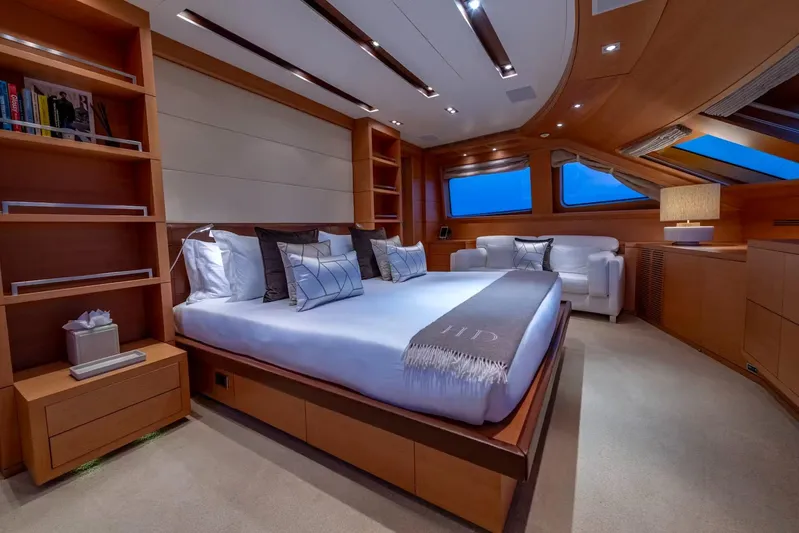 Lady H Yacht Photos Pics Luxurious bedroom interior of 2011 Benetti Majesty 120 yacht with modern design and cozy ambiance.