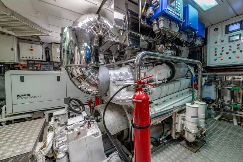Lady H Yacht Photos Pics Engine room of 2011 Benetti Majesty 120 yacht with Kohler power systems and control panels.