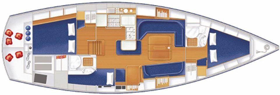 Floor plan of a 1999 Rustler 42 yacht, featuring cabins, kitchen, and seating areas.