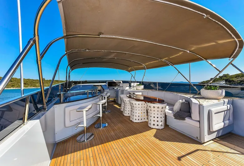  Yacht Photos Pics Luxurious Admiral 36 yacht deck with seating, bar stools, and canopy, 2007 model.