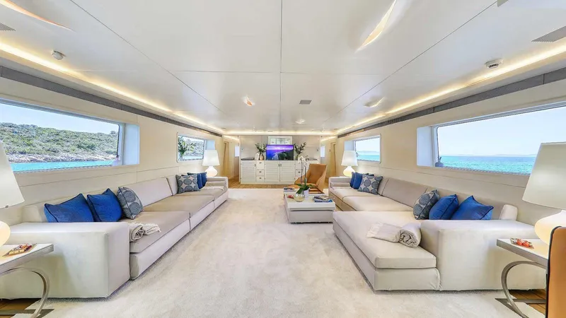  Yacht Photos Pics Luxurious interior of 2007 Admiral 36 yacht with elegant seating and ocean views.