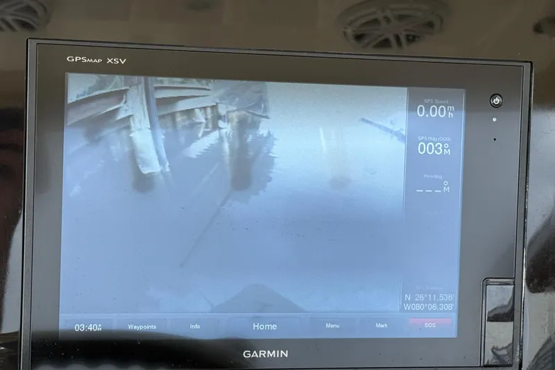 T/t B Happy Yacht Photos Pics Garmin GPS display on 2019 Scout 320 LXF boat, showing navigation data.