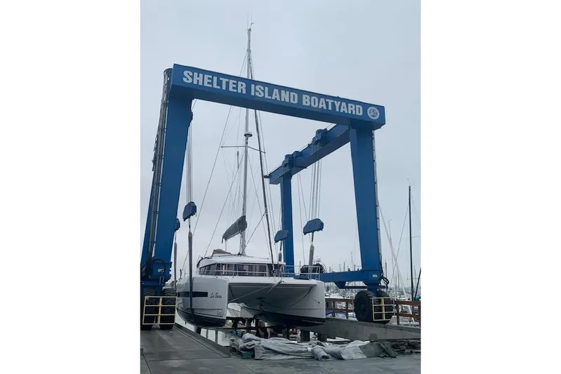  Yacht Photos Pics Bali 4.0 catamaran at Shelter Island Boatyard, 2017 model, in a boat lift.