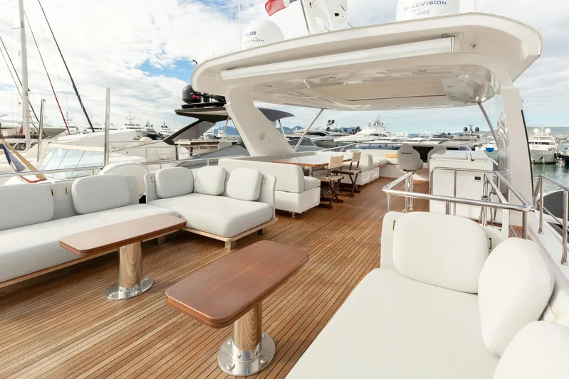 Solstice Yacht Photos Pics Luxurious 2020 Azimut 72 Flybridge yacht with spacious deck and elegant seating.