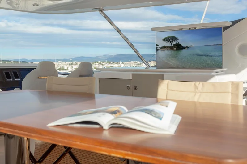 Solstice Yacht Photos Pics Azimut 72 Flybridge 2020 yacht interior with table, chairs, and scenic view on screen.