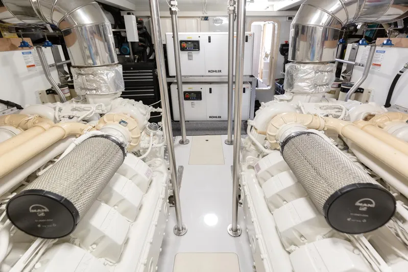 Solstice Yacht Photos Pics Engine room of 2020 Azimut 72 Flybridge yacht with dual engines and Kohler generators.
