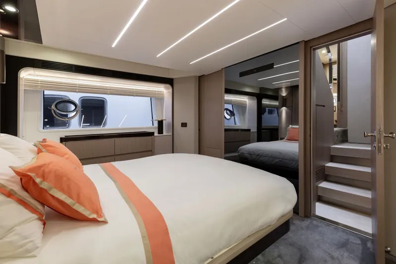 Solstice Yacht Photos Pics Luxurious bedroom interior of 2020 Azimut 72 Flybridge yacht with modern design.