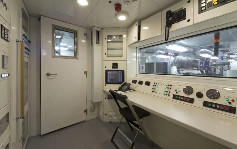 Liberty Yacht Photos Pics Control room of ISA 50M 2011 model with monitoring equipment and control panels.