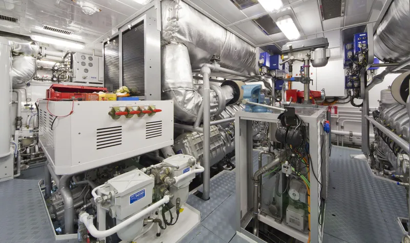 Liberty Yacht Photos Pics Engine room of ISA 50M yacht, 2011 model, with various machinery and equipment.