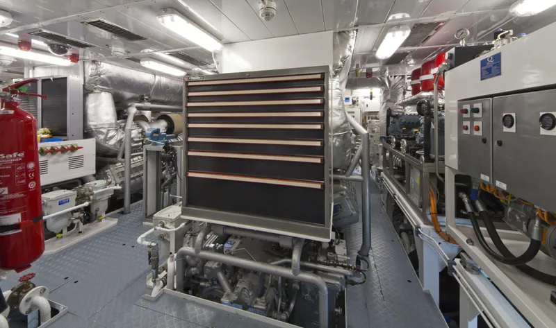 Liberty Yacht Photos Pics Engine room of ISA 50M yacht, 2011 model, featuring machinery and control panels.