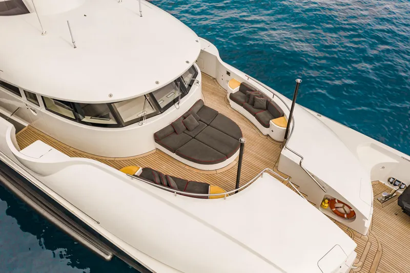 Liberty Yacht Photos Pics Aerial view of 2011 ISA 50M yacht with luxurious deck seating.