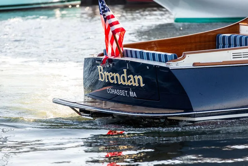 Brendan Yacht Photos Pics Hinckley Picnic Boat 37 MKIII, 2018, with American flag, named "Brendan," in Cohasset, MA waters.