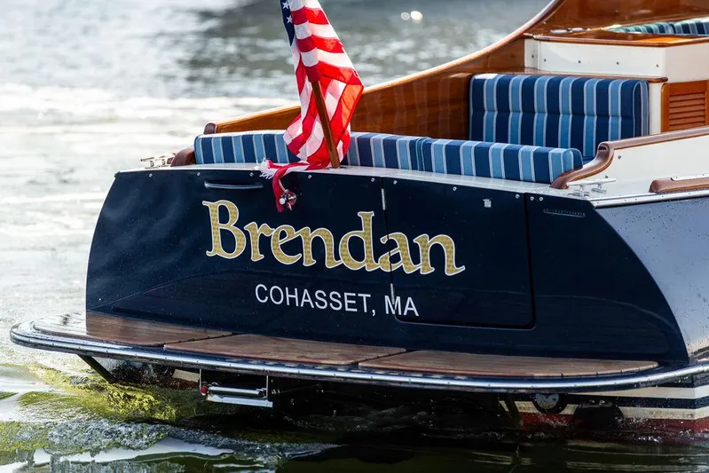 Brendan Yacht Photos Pics Hinckley Picnic Boat 37 MKIII, 2018, named "Brendan," with American flag, Cohasset, MA.