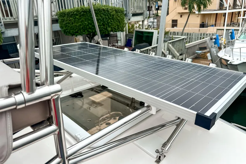  Yacht Photos Pics Solar panel on 2022 Cutwater 30 Command Bridge boat, docked near marina.
