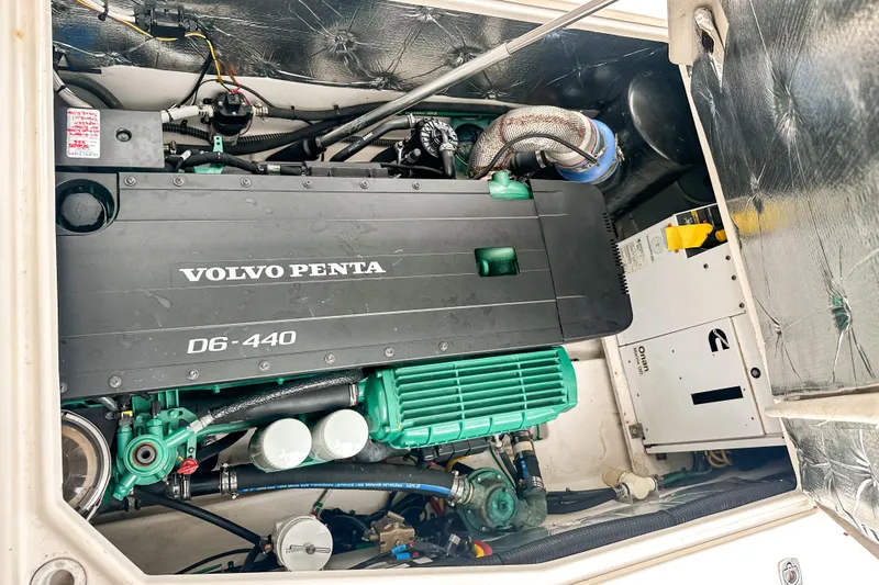  Yacht Photos Pics Engine compartment of 2022 Cutwater 30 Command Bridge with Volvo Penta D6-440 engine.