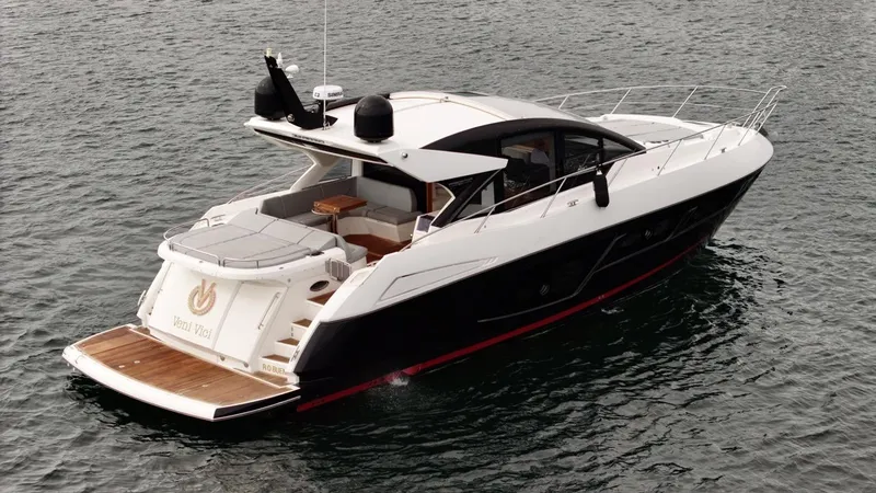 Veni Vici Yacht Photos Pics 2019 Sunseeker Predator 57 yacht on water, sleek design, luxury motorboat.