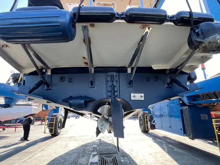 Together Again II Yacht Photos Pics 2022 Ranger Tugs R-31 CB boat hull and propeller in dry dock.