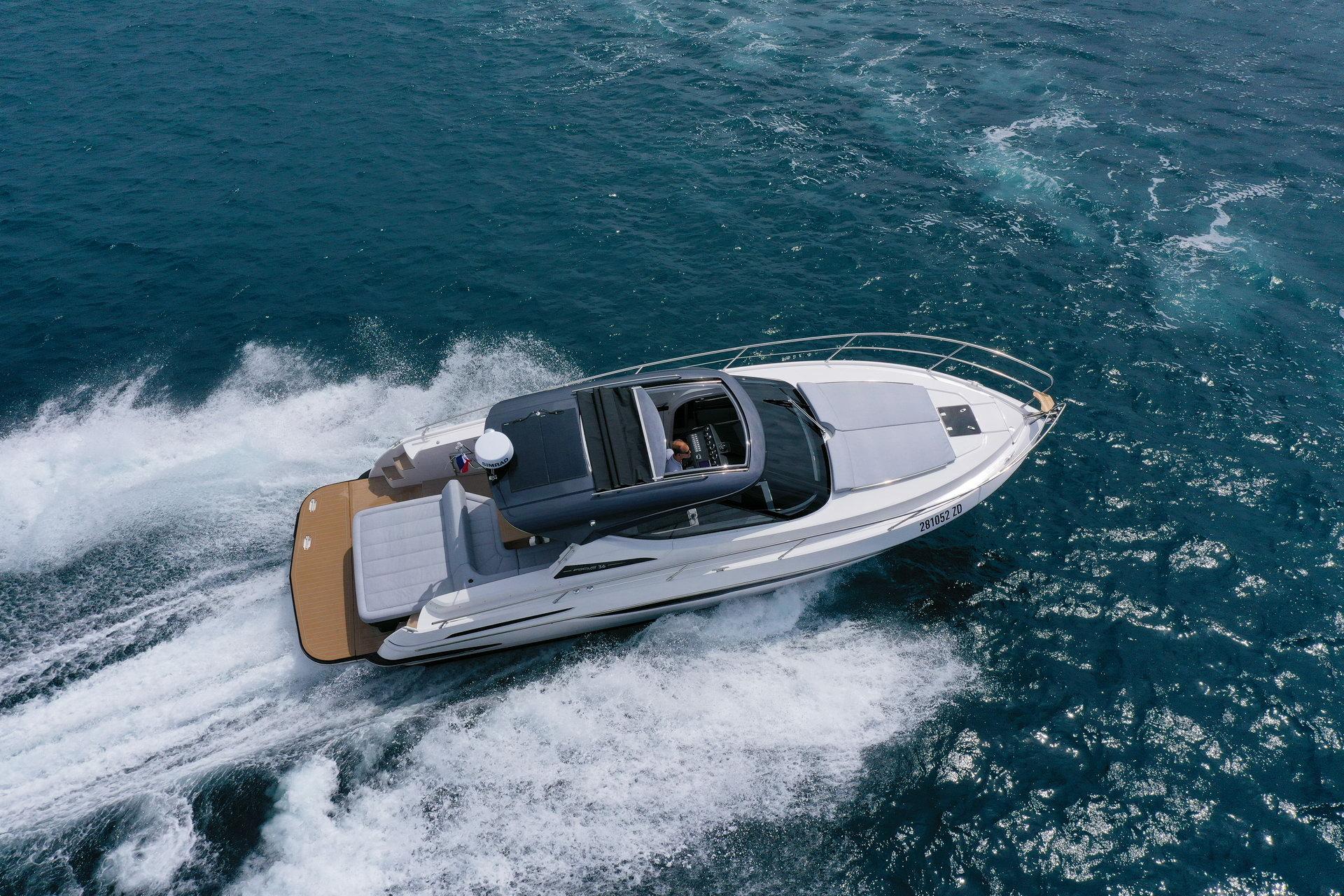 2025 Focus Power 36 yacht cruising on open blue sea.