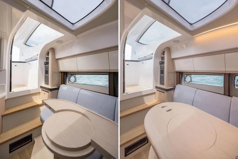  Yacht Photos Pics Luxurious interior of 2025 Focus Power 36 yacht with modern seating and skylight.
