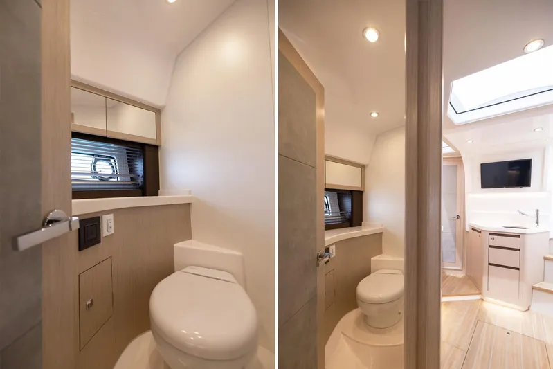  Yacht Photos Pics Modern bathroom interior in 2025 Focus Power 36 yacht, featuring sleek design and natural lighting.