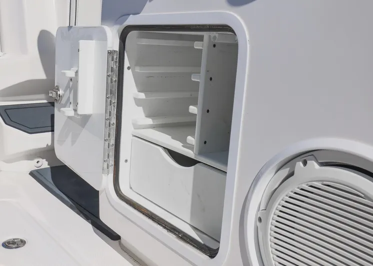  Yacht Photos Pics Open storage compartment on 2019 Invincible 37 Catamaran boat.