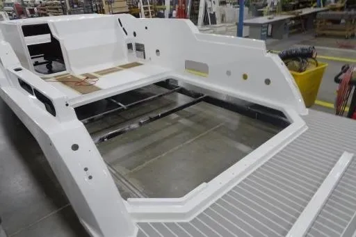  Yacht Photos Pics 2021 Formula 380 Super Sport Crossover I/O boat hull in manufacturing facility.