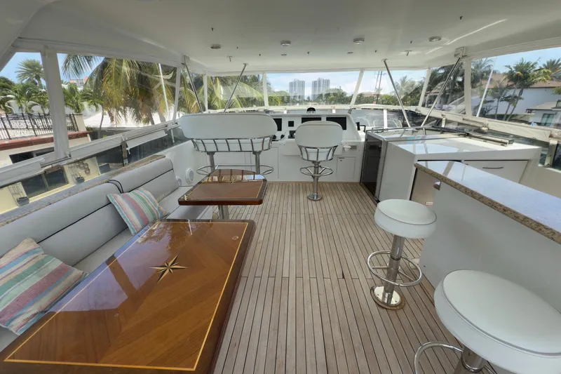 Family Time Yacht Photos Pics Luxurious 2006 Cheoy Lee 84 Bravo yacht deck with seating, tables, and helm station.