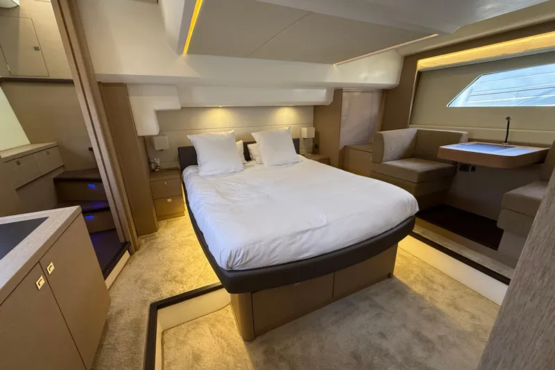  Yacht Photos Pics Luxurious interior of 2017 Prestige 560 Fly yacht with modern bedroom design.