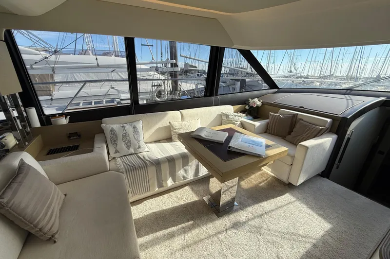  Yacht Photos Pics Luxurious interior of 2017 Prestige 560 Fly yacht with elegant seating and large windows.
