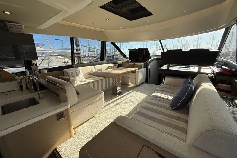  Yacht Photos Pics Luxurious interior of 2017 Prestige 560 Fly yacht with elegant seating and panoramic windows.
