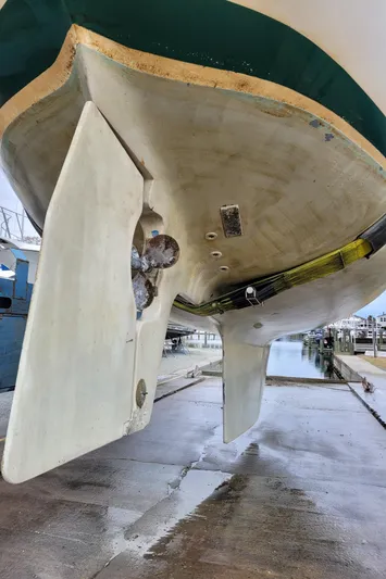 Isabella II Yacht Photos Pics Bottom view of a 1988 Shannon 43 sailboat hull in a boatyard.