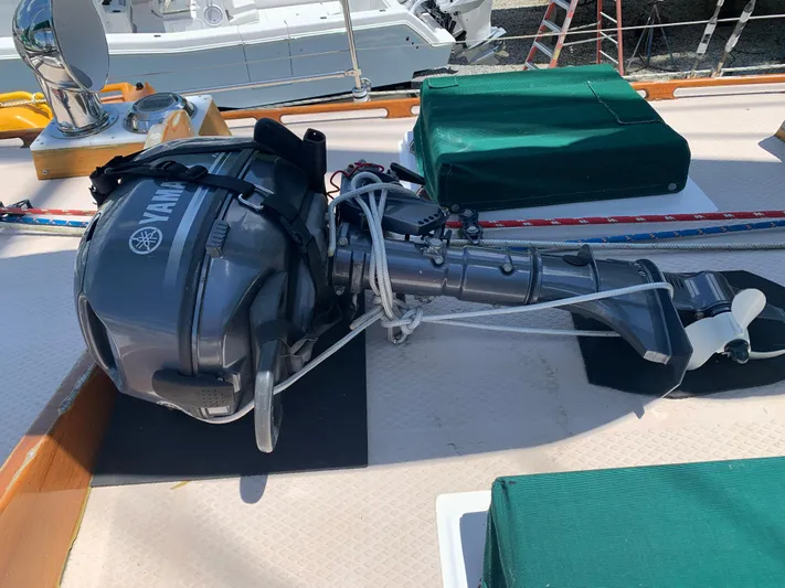 Isabella II Yacht Photos Pics Yamaha outboard motor on deck of 1988 Shannon 43 sailboat.