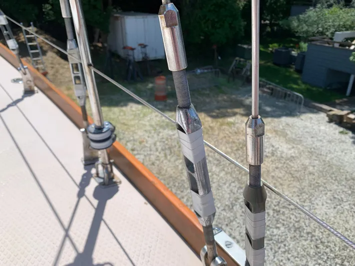 Isabella II Yacht Photos Pics Stainless steel rigging on a 1988 Shannon 43 sailboat deck.