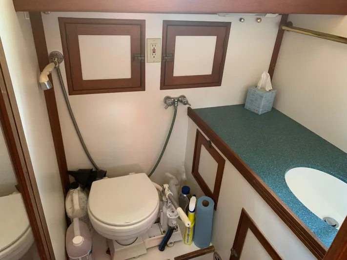 Isabella II Yacht Photos Pics Compact bathroom in a 1988 Shannon 43 boat, featuring a toilet, sink, and storage.