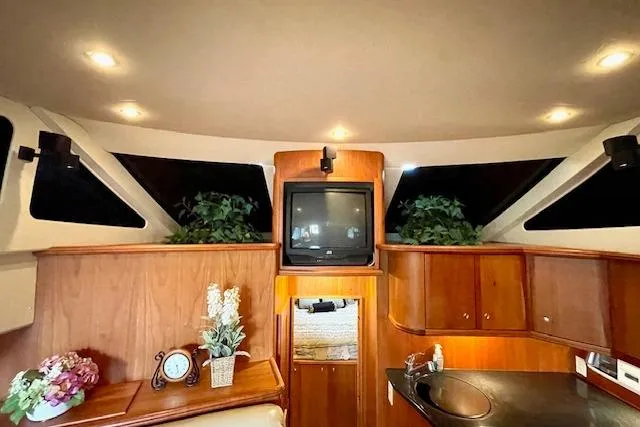 "sunseeker" Yacht Photos Pics Interior of 2002 Silverton 43 Motor Yacht with TV, plants, and wooden cabinetry.
