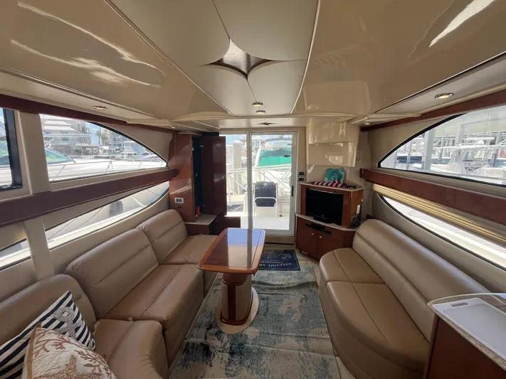 Compass Rose Yacht Photos Pics Luxurious interior of a 2006 Meridian 341 Sedan yacht with leather seating and a TV.