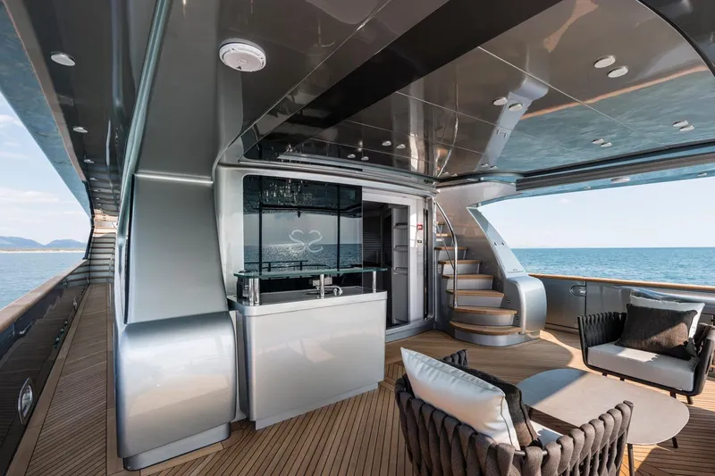 Sands Yacht Photos Pics Luxurious 2018 Maiora 36 yacht deck with modern seating and ocean view.