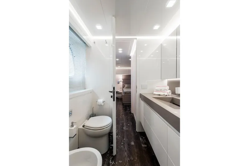 Sands Yacht Photos Pics Luxurious bathroom interior of 2018 Maiora 36 yacht, featuring modern design and sleek finishes.