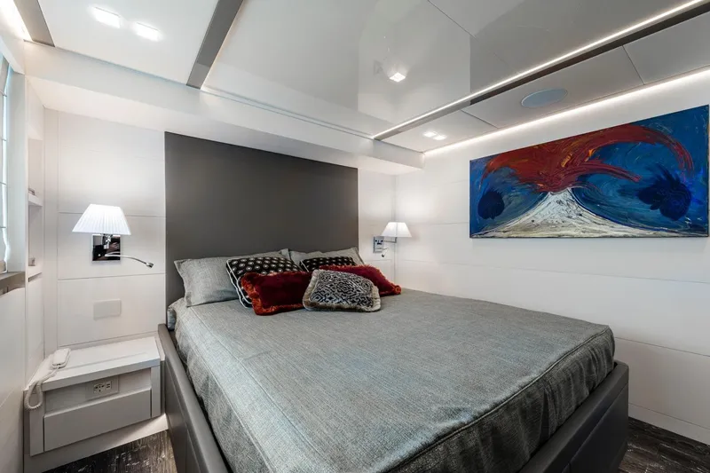 Sands Yacht Photos Pics Luxurious bedroom interior on 2018 Maiora 36 yacht with modern art and elegant lighting.