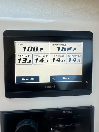  Yacht Photos Pics Yamaha display showing fuel usage and trip distance on a 2022 Parker 2520 XLD Sport Cabin.