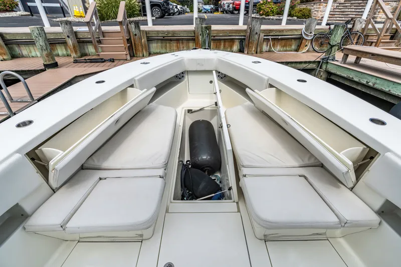  Yacht Photos Pics Interior of a 2016 SeaVee 390Z boat with seating and storage.